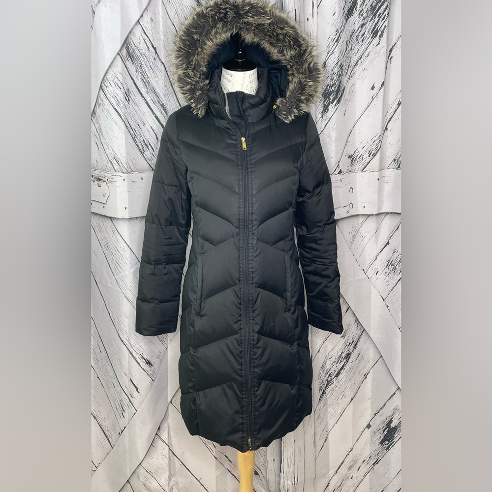 Lands' End Black Puffer Coat with Faux Fur Hood
